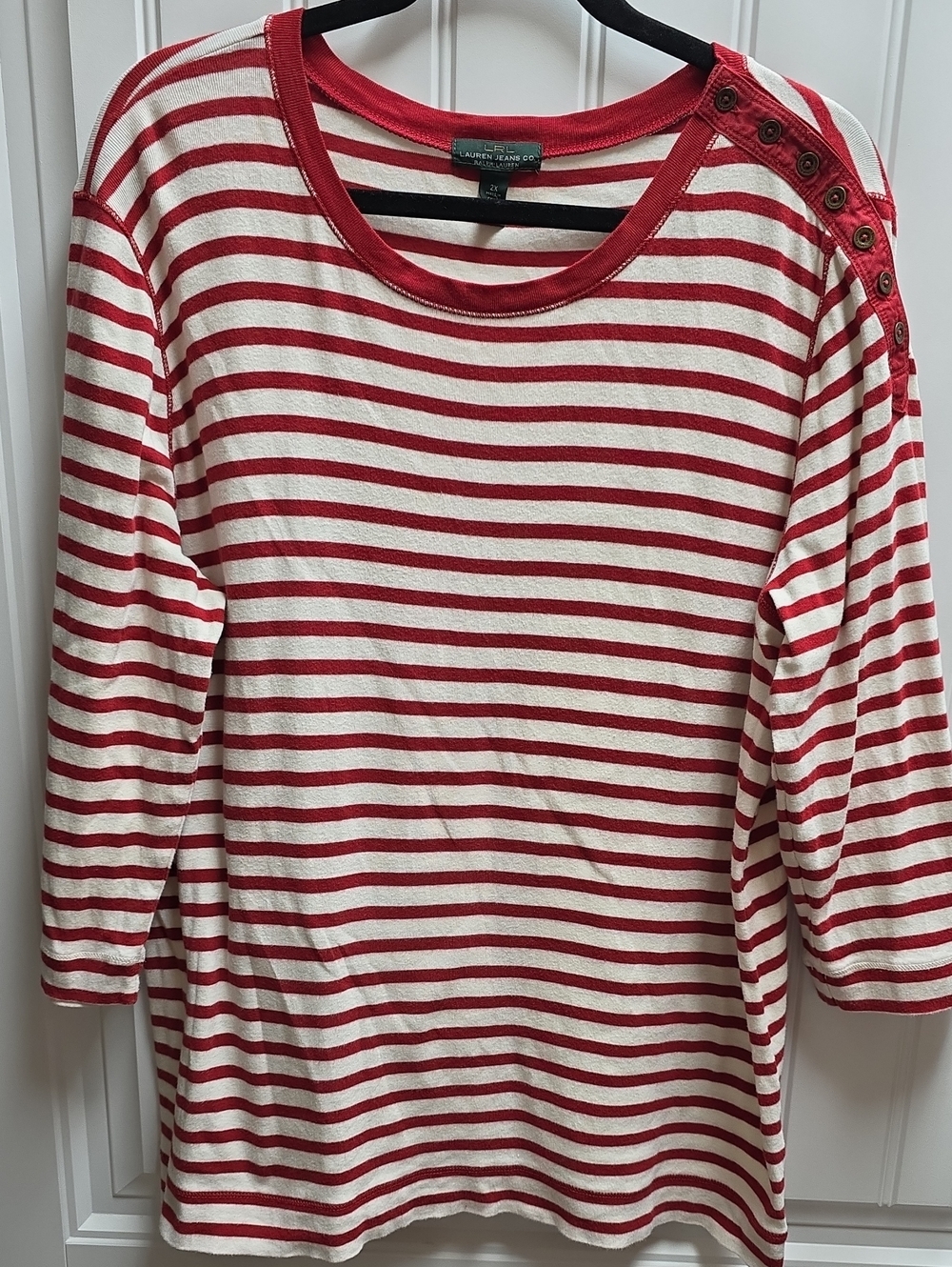 Lauren Ralph Lauren Red and White Striped Button-Shoulder Knit Top 2X